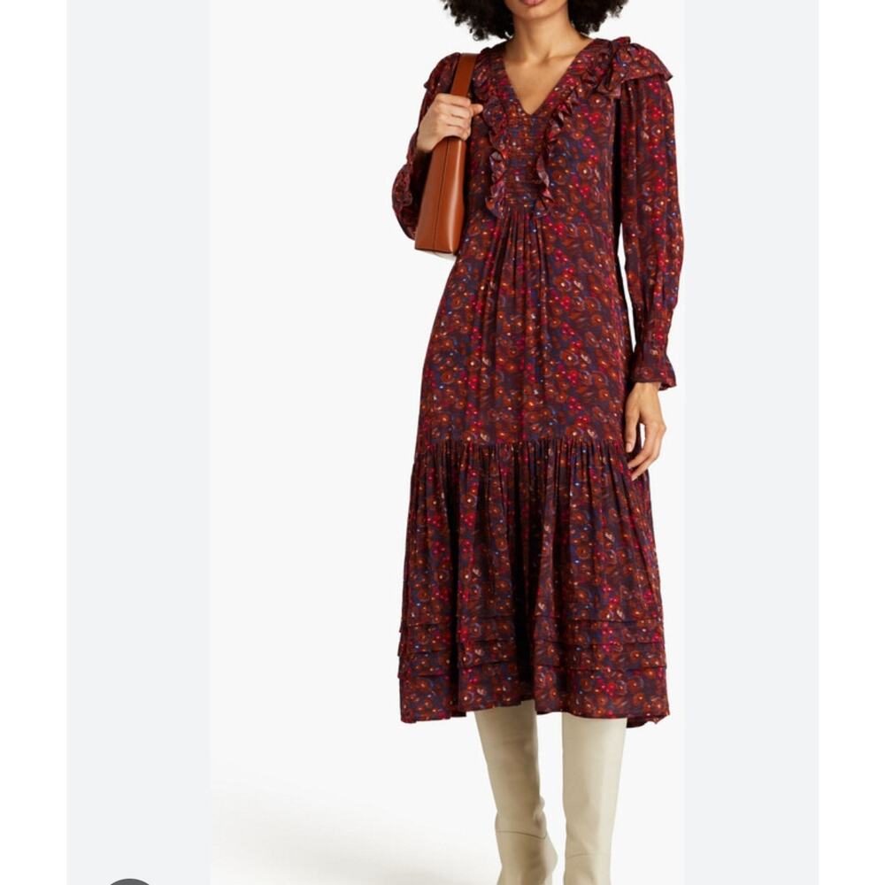 SEA Ilana Pleated Printed Crepe De Chine Midi Dress Sz XL